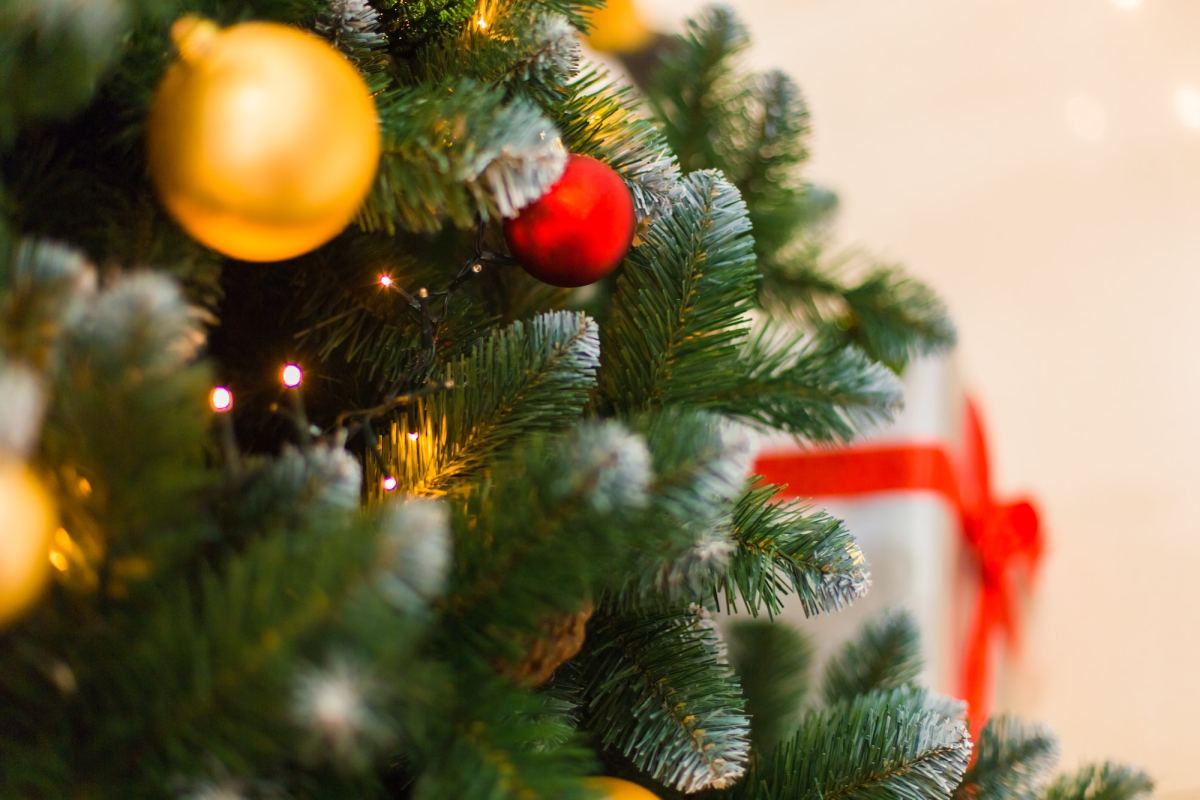 Christmas tree ornaments. Close-Up Of Christmas Tree. Christmas Tree with Balls
